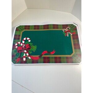 4- Plaid Candy Cane Holly Bow Gold Trim Vinyl Placemats- Trim a Home-Vintage